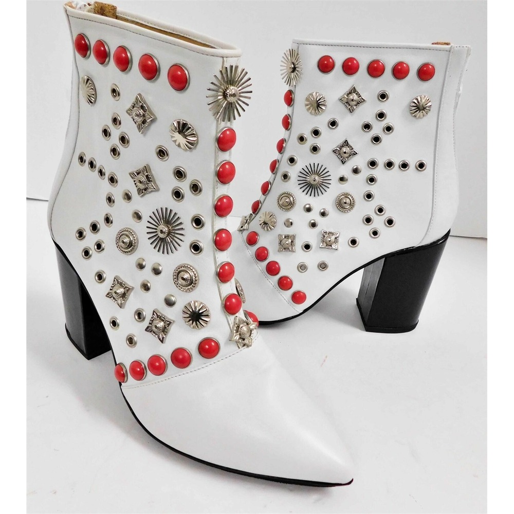 New Toga‎ White Leather Studded Ankle Pointy Boots 37